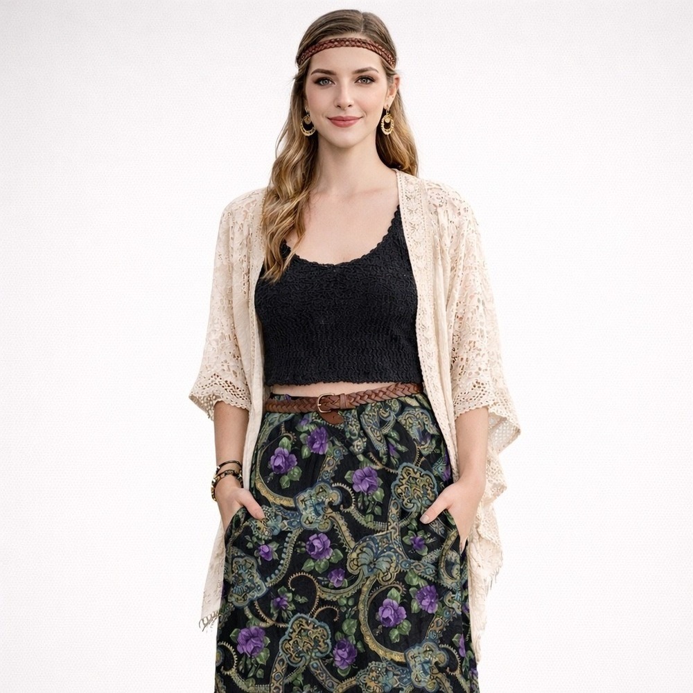 Women's VTG handmade maxi floral skirt pleated 29" waist dark romantic boho goth